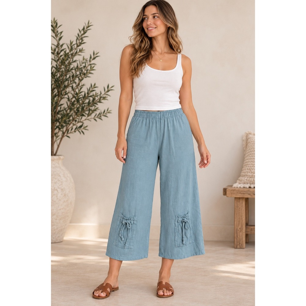 Oh My Gauze Size 2 Blue Cotton Gauze Wide Leg Cropped Pants Elastic Waist